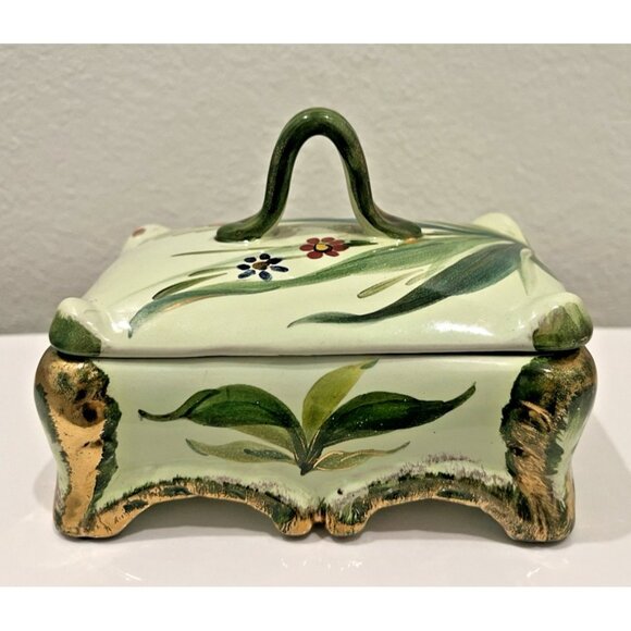 MCM Italy Hand Painted Trinket Dish Lidded Numbered Green Gold Vintage Rectangle - Picture 2 of 14